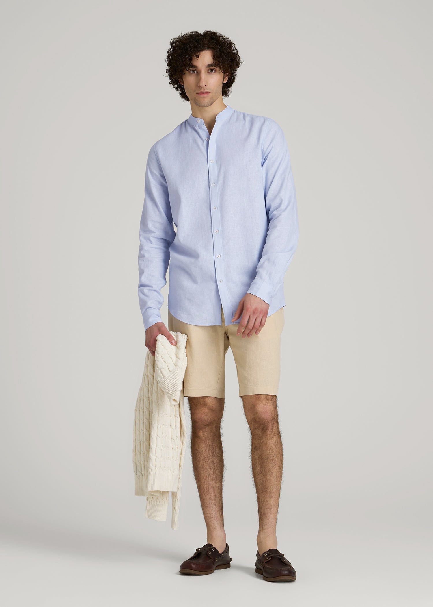 Band Collar Linen Button Shirt for Tall Men in Airy Blue M / Extra Tall / Airy Blue Band Collar Linen Button Shirt for Tall Men in Airy Blue M / Extra Tall / Airy Blue