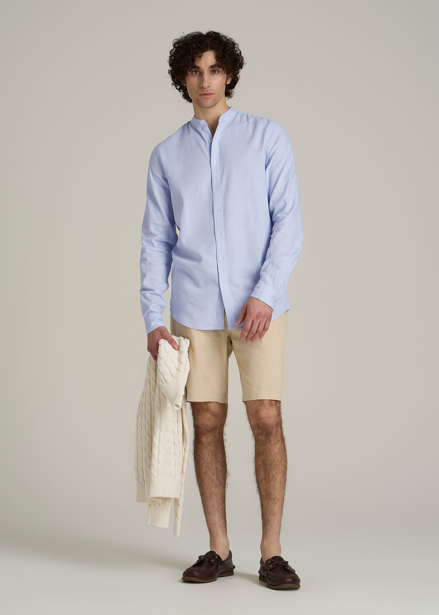 Band Collar Linen Button Shirt for Tall Men in Airy Blue