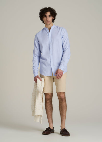 Band Collar Linen Button Shirt for Tall Men in Airy Blue