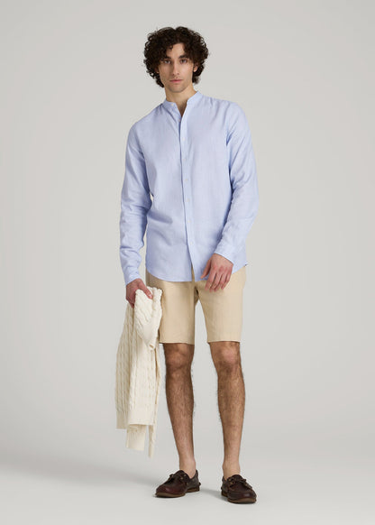 Band Collar Linen Button Shirt for Tall Men in Airy Blue