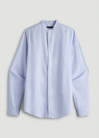 Band Collar Linen Button Shirt for Tall Men in Airy Blue