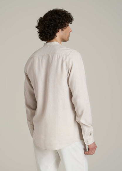 Band Collar Linen Button Shirt for Tall Men in Drywall Tan