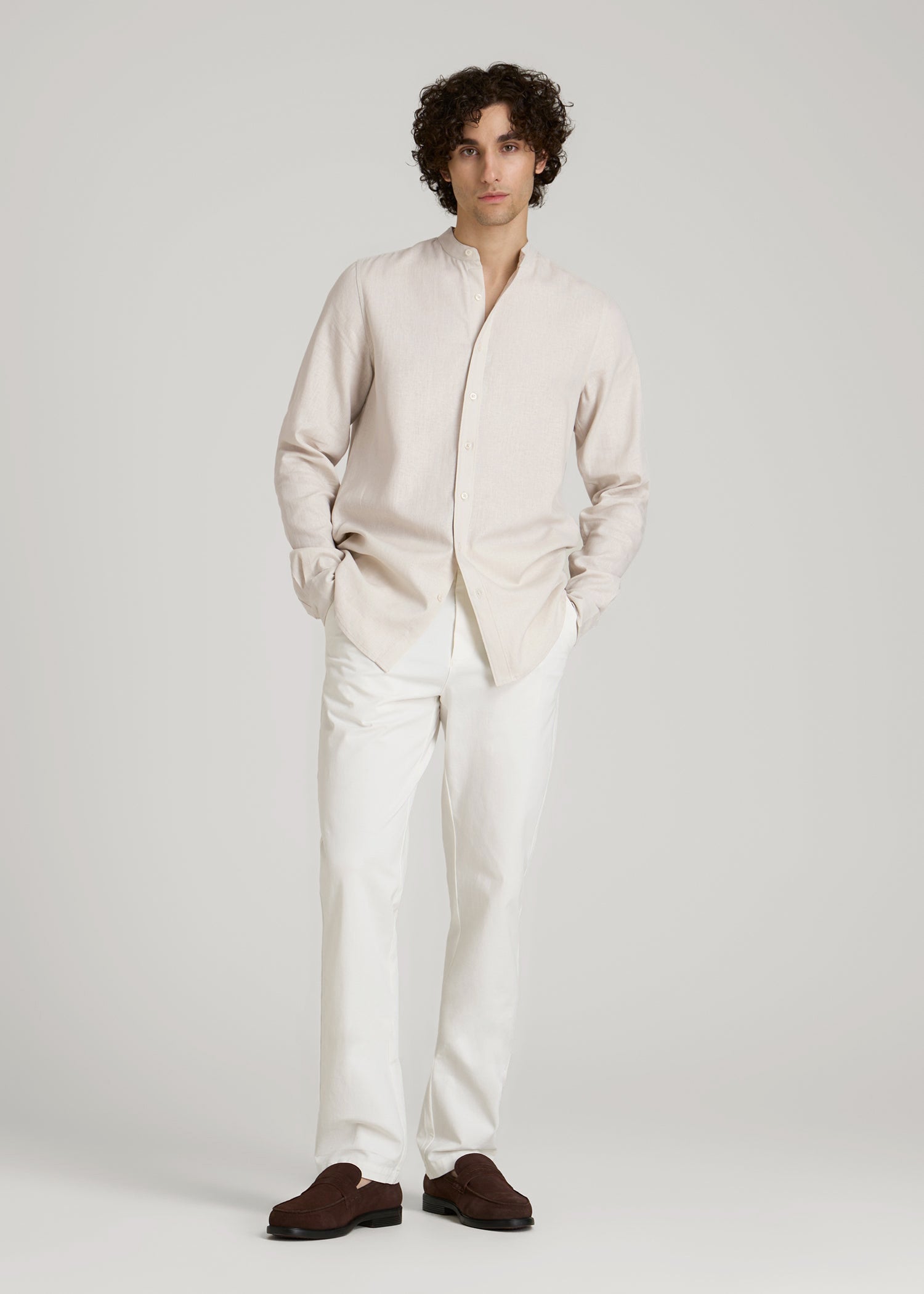Band Collar Linen Button Shirt for Tall Men in Drywall Tan