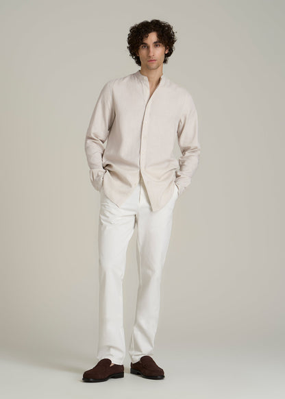 Band Collar Linen Button Shirt for Tall Men in Drywall Tan