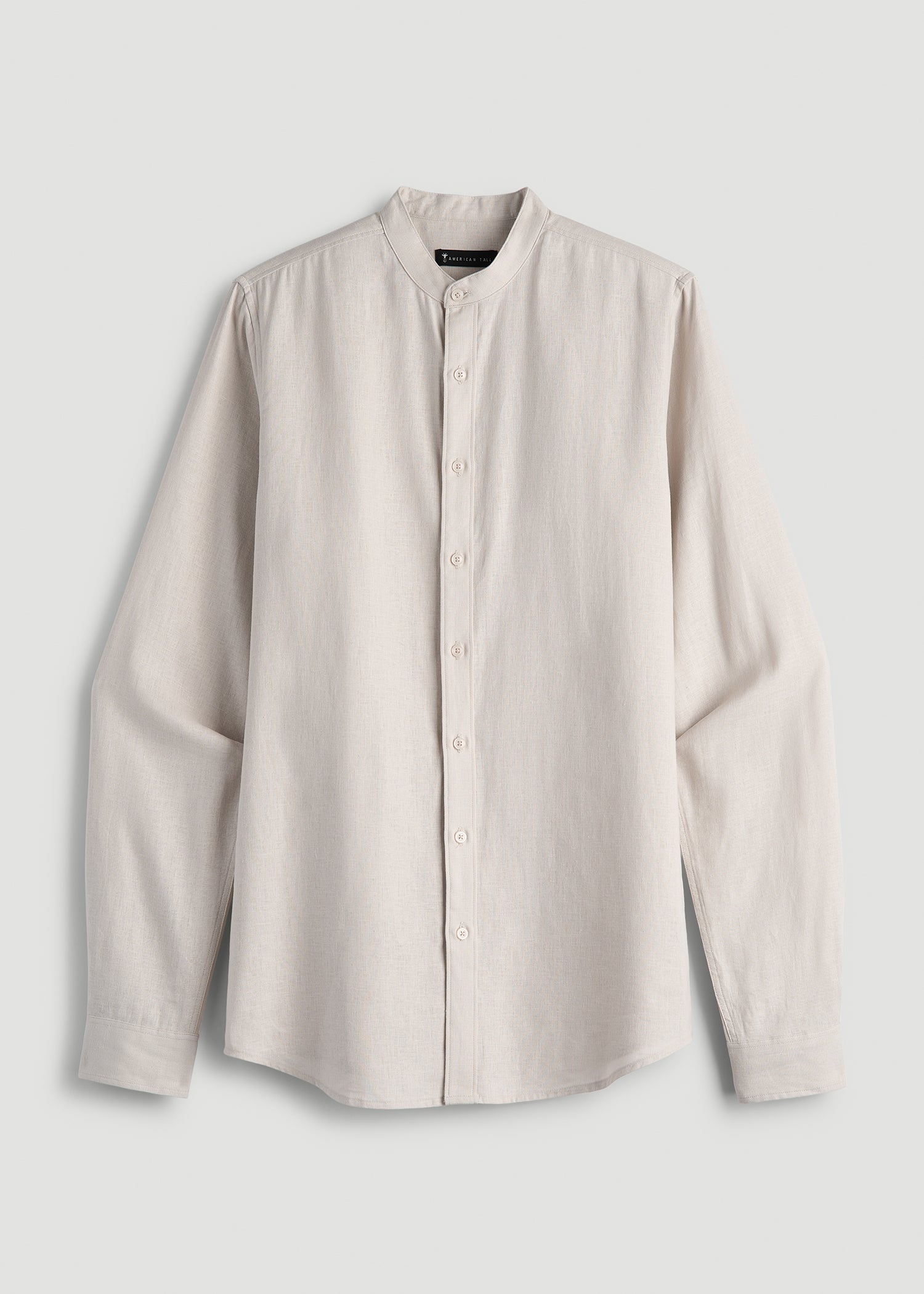 Band Collar Linen Button Shirt for Tall Men in Drywall Tan