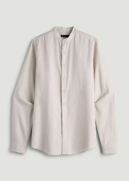 Band Collar Linen Button Shirt for Tall Men in Drywall Tan