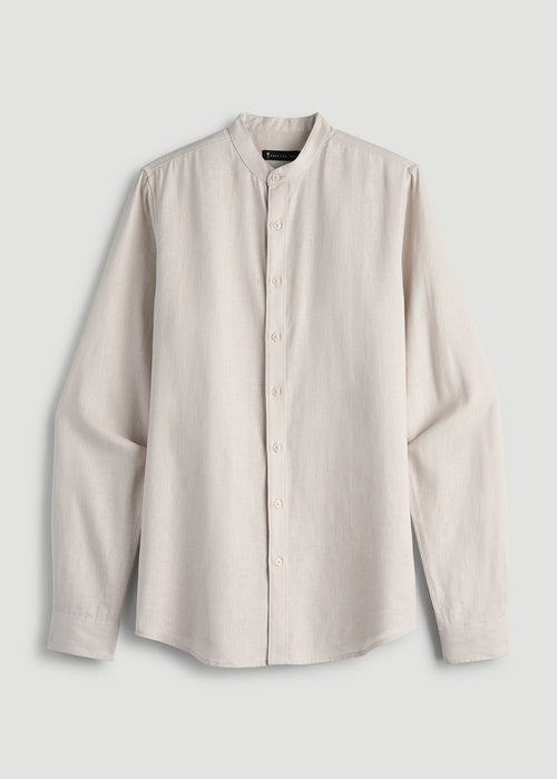 Band Collar Linen Button Shirt for Tall Men in Drywall Tan