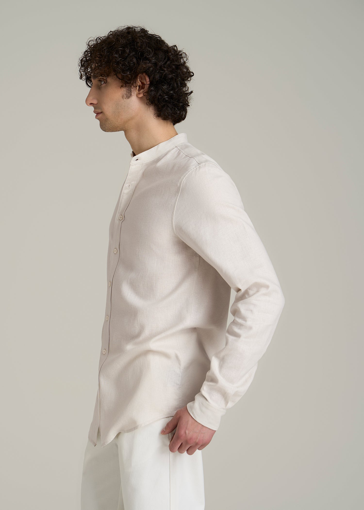 Band Collar Linen Button Shirt for Tall Men in Drywall Tan
