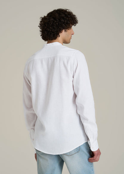 Band Collar Linen Button Shirt for Tall Men in Optic White