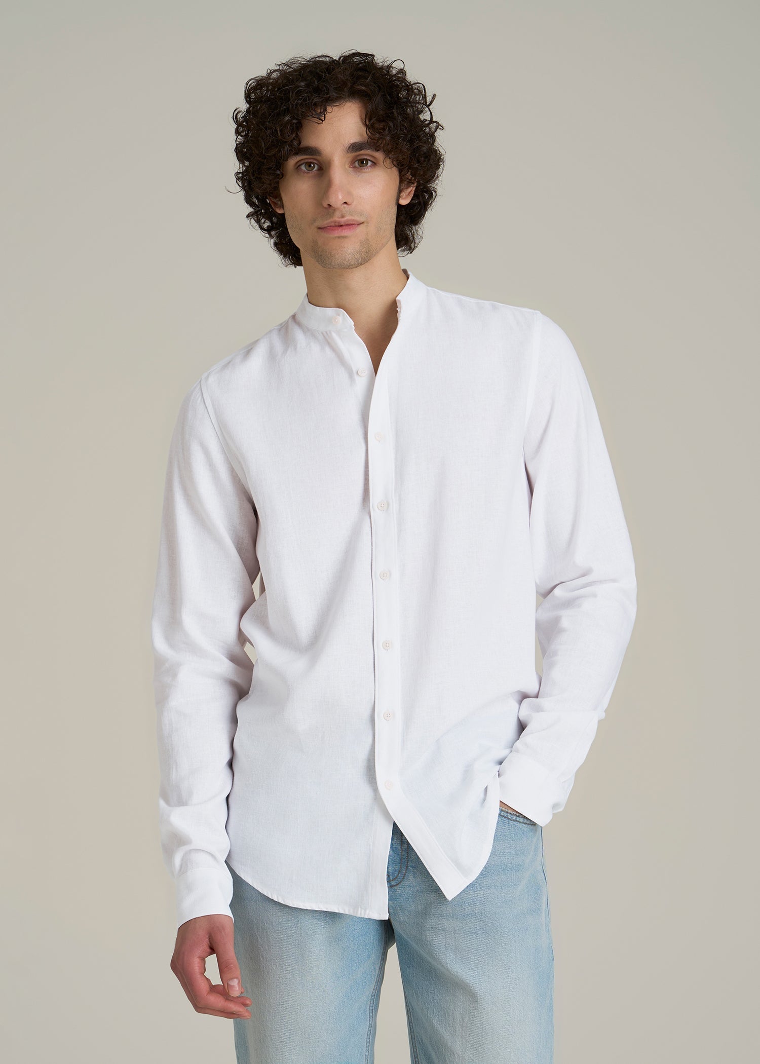 Band Collar Linen Button Shirt for Tall Men in Optic White