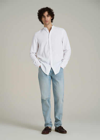 Band Collar Linen Button Shirt for Tall Men in Optic White