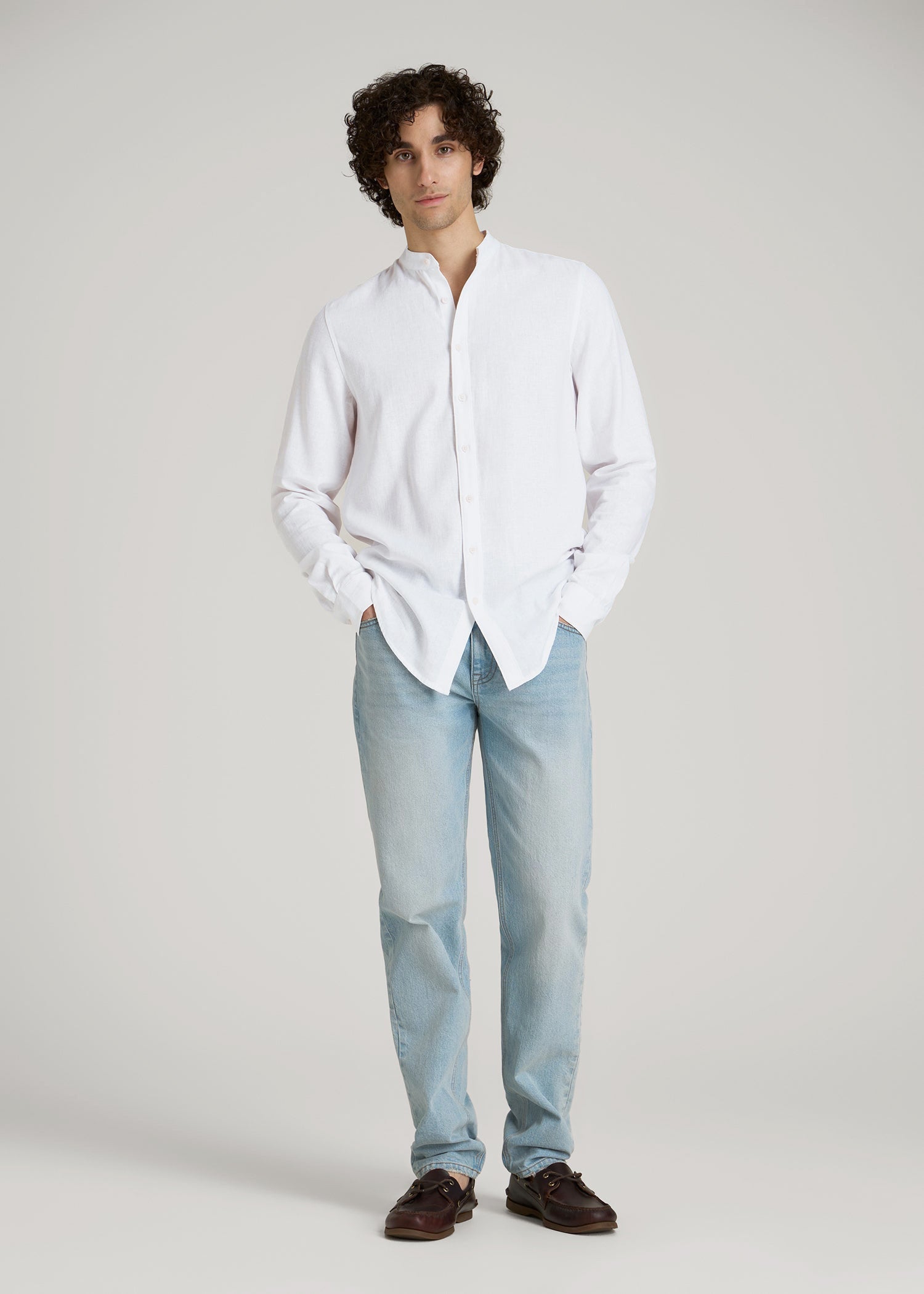 Band Collar Linen Button Shirt for Tall Men in Optic White