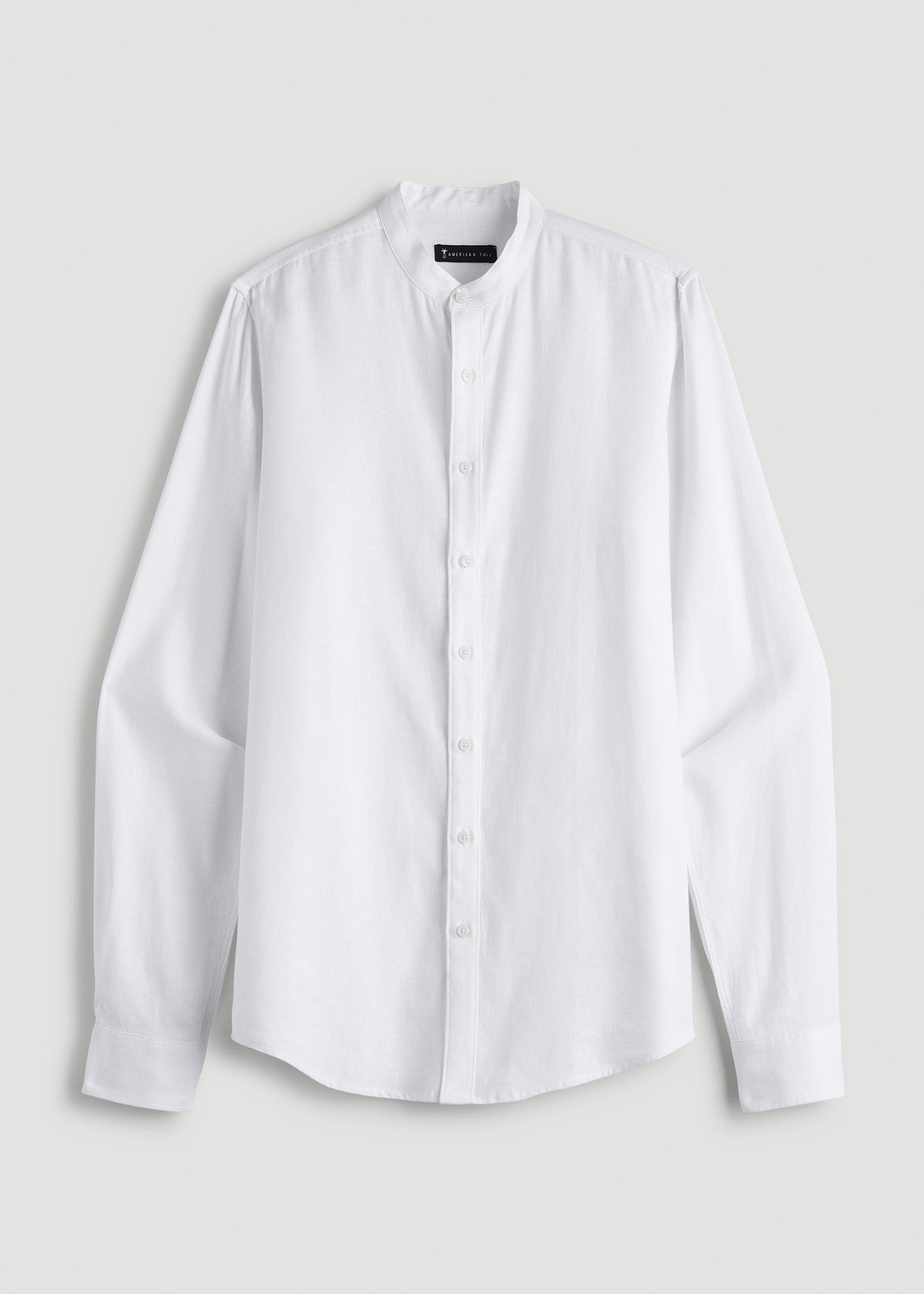 Band Collar Linen Button Shirt for Tall Men in Optic White