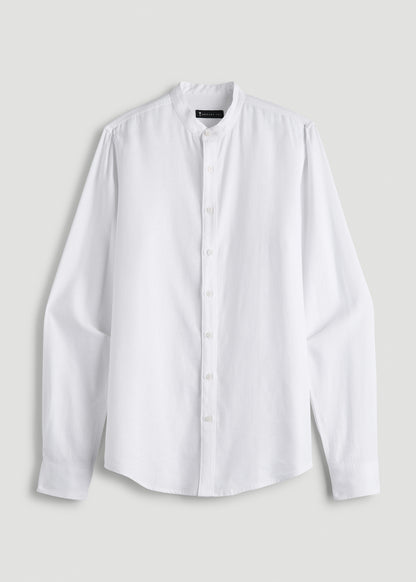 Band Collar Linen Button Shirt for Tall Men in Optic White