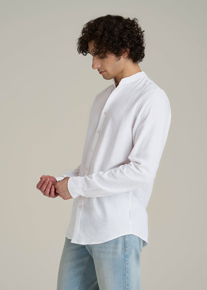 Band Collar Linen Button Shirt for Tall Men in Optic White