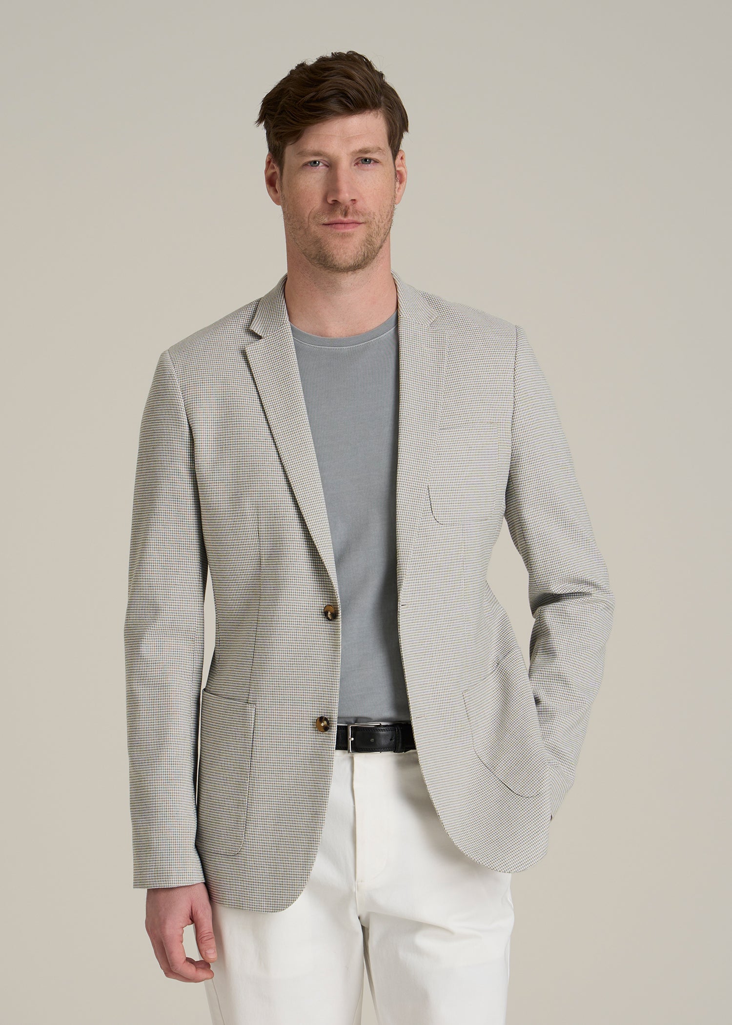 Core Blazer for Tall Men in Beige and Grey Houndstooth