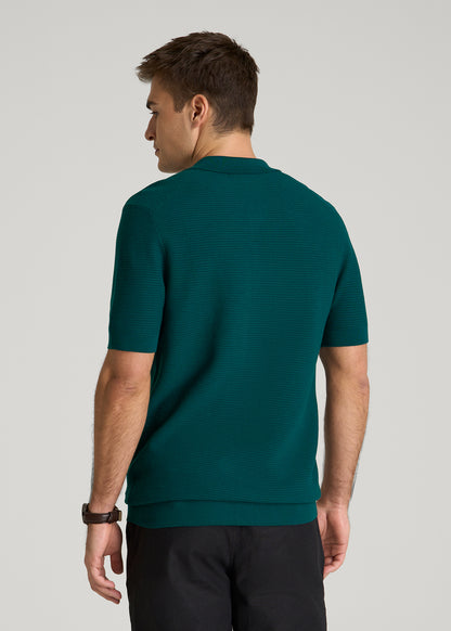 Braided Knit Short Sleeve Polo Cardigan for Tall Men in Deep Teal