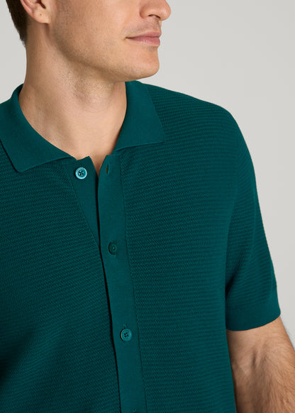 Braided Knit Short Sleeve Polo Cardigan for Tall Men in Deep Teal