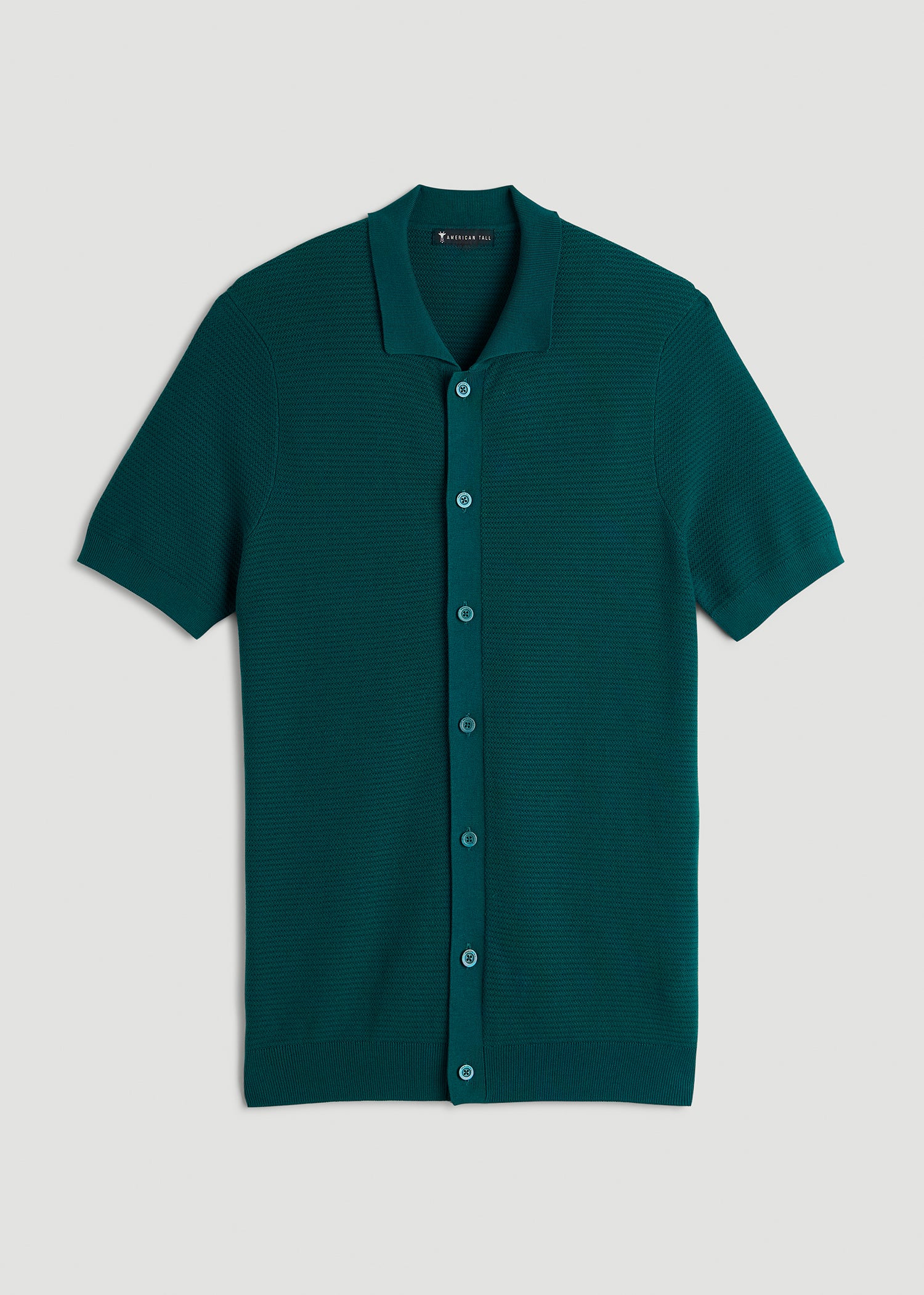 Braided Knit Short Sleeve Polo Cardigan for Tall Men in Deep Teal