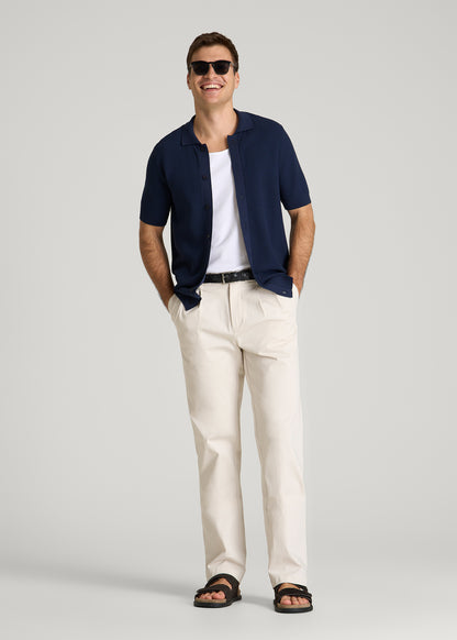 Braided Knit Short Sleeve Polo Cardigan for Tall Men in Navy Blue