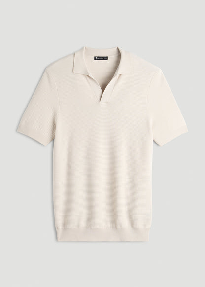 Braided Knit Sweater Polo for Tall Men in White Sand