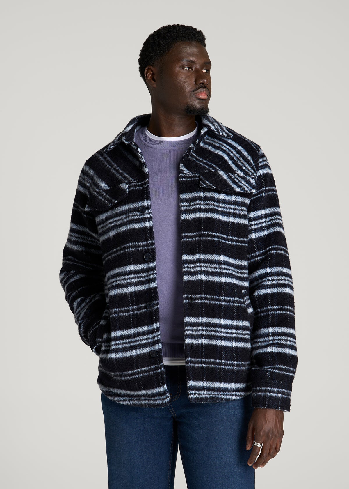 Brushed Plaid Shirt Jacket for Tall Men in Royal Navy Plaid