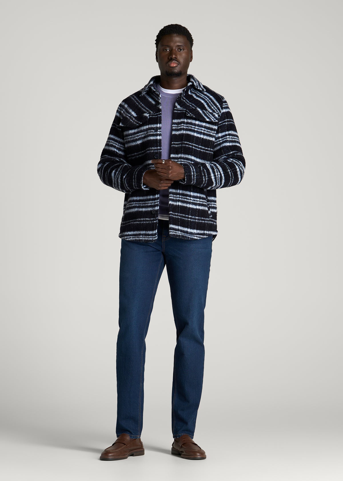 Brushed Plaid Shirt Jacket for Tall Men in Royal Navy Plaid
