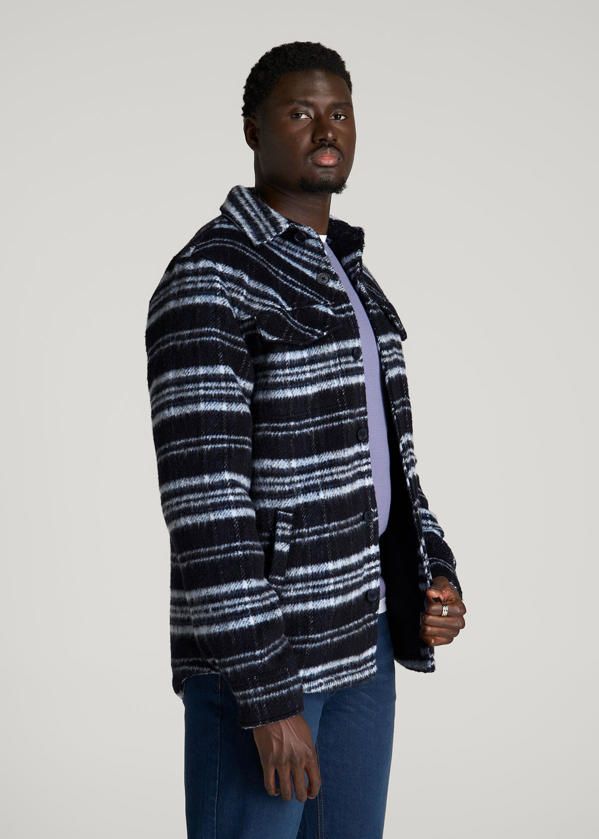Brushed Plaid Shirt Jacket for Tall Men in Royal Navy Plaid