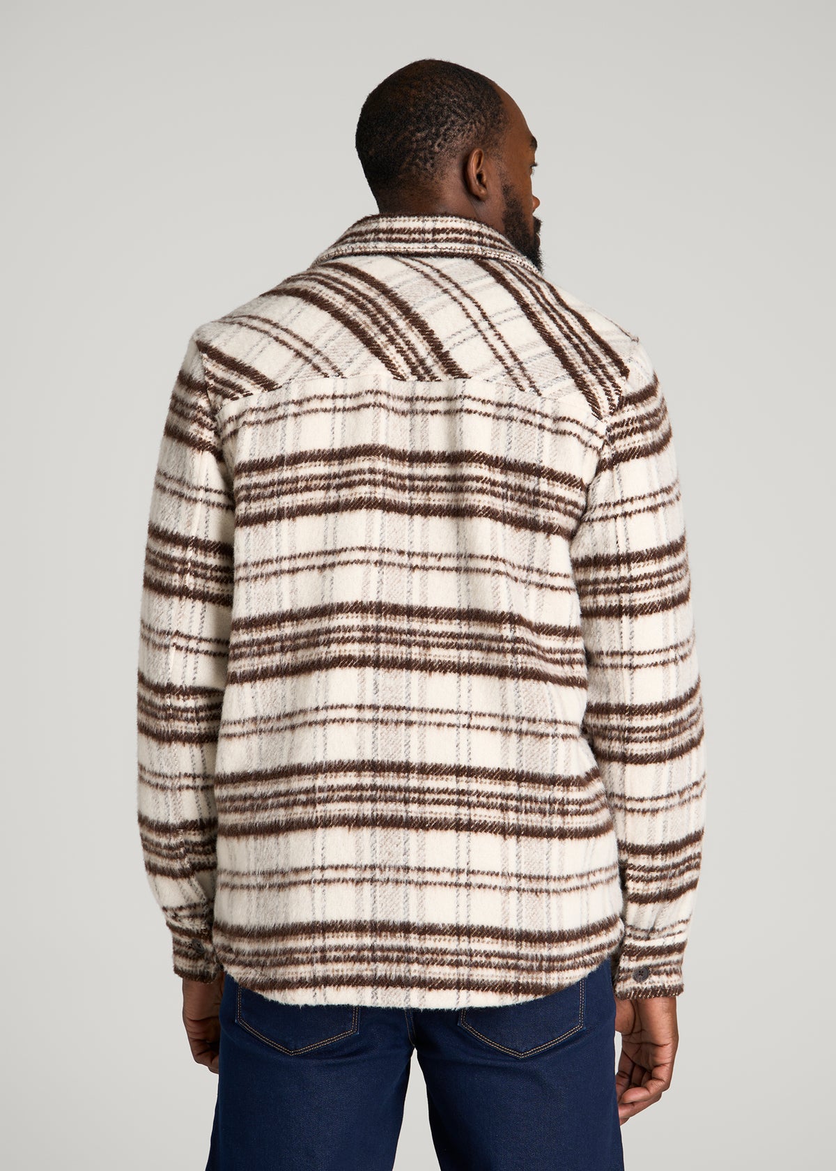 Brushed Plaid Shirt Jacket for Tall Men in White Sand Plaid