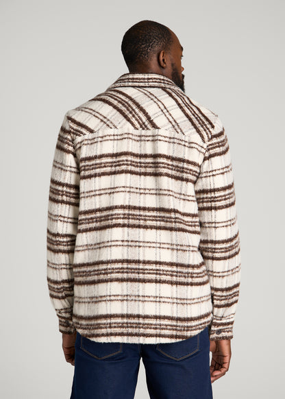 Brushed Plaid Shirt Jacket for Tall Men in White Sand Plaid