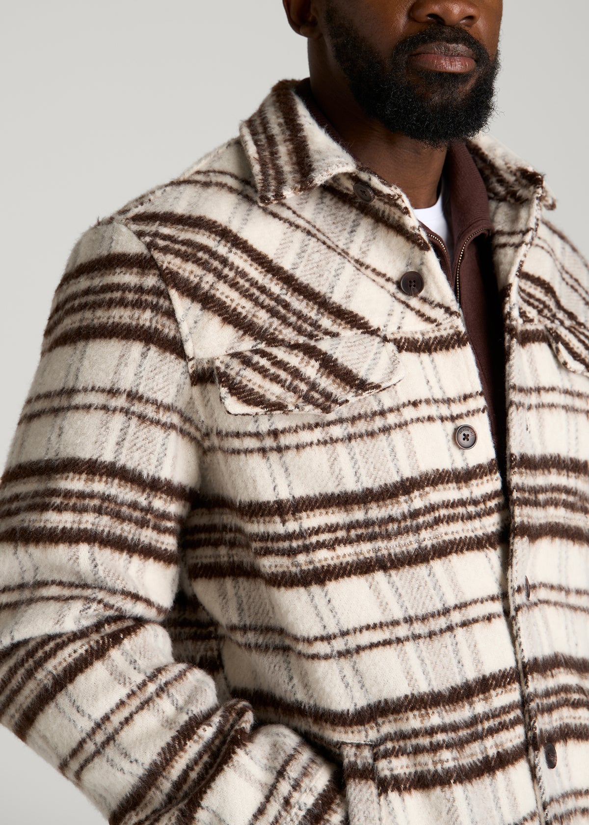Brushed Plaid Shirt Jacket for Tall Men in White Sand Plaid