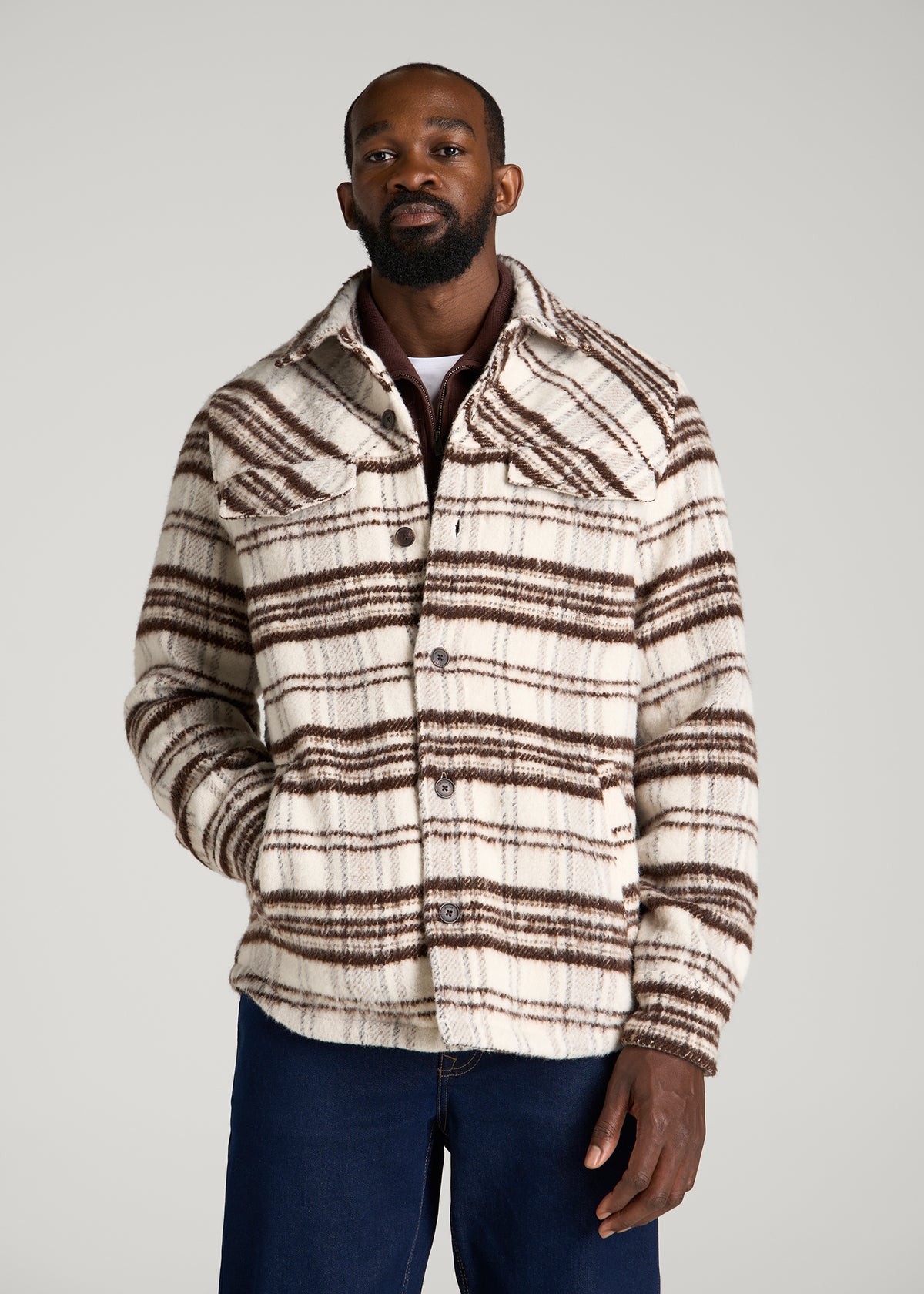 Brushed Plaid Shirt Jacket for Tall Men in White Sand Plaid