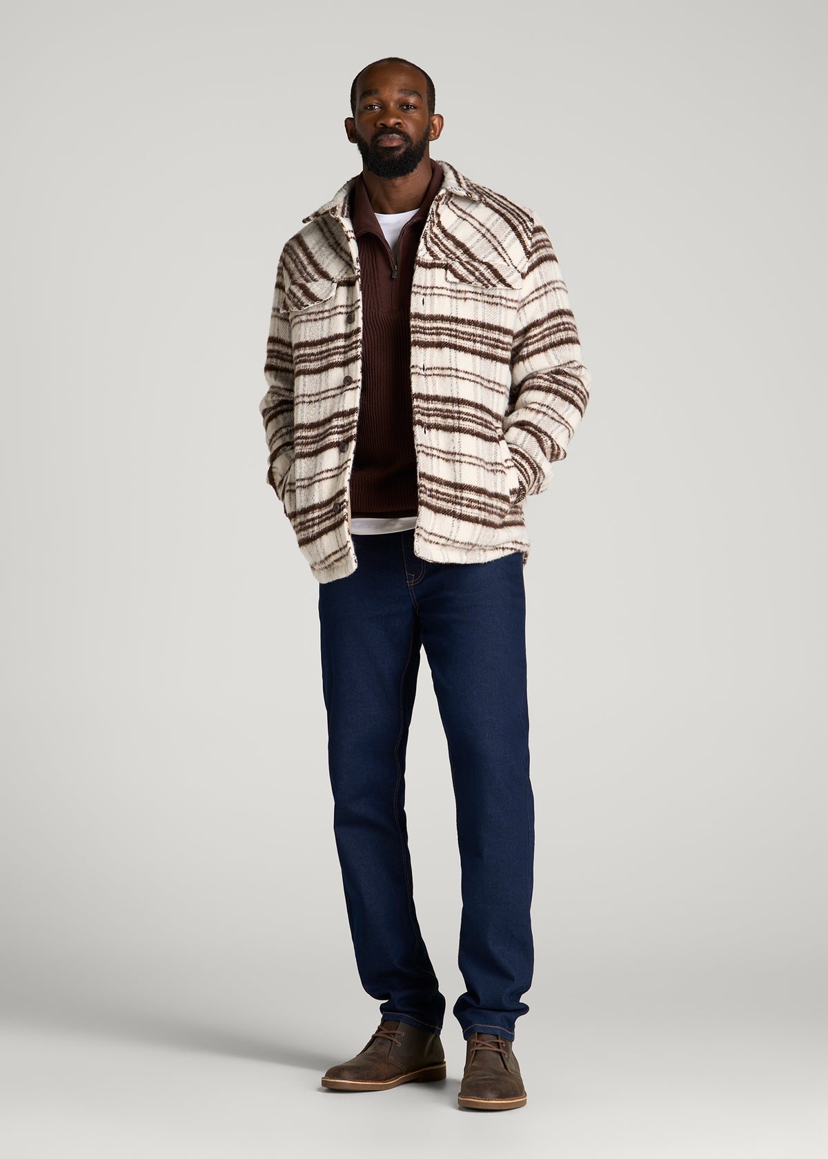 Brushed Plaid Shirt Jacket for Tall Men in White Sand Plaid
