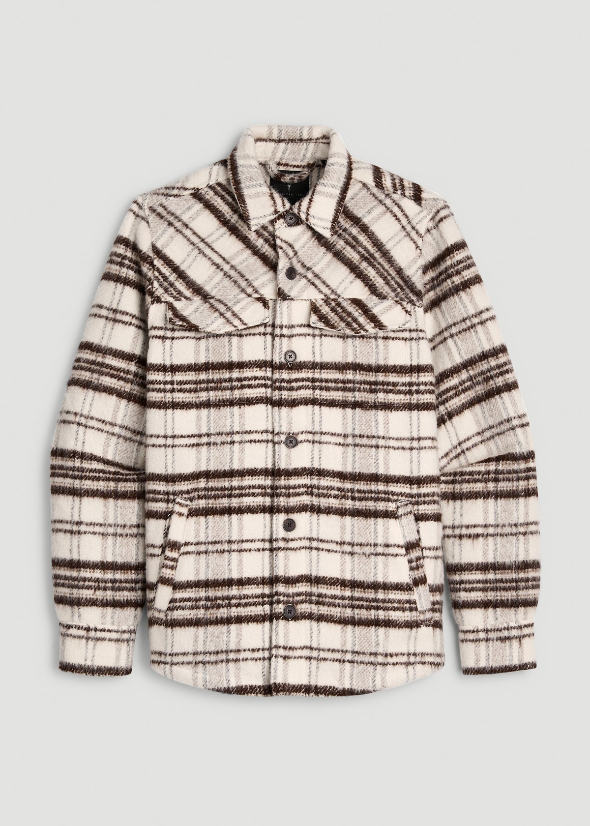 Brushed Plaid Shirt Jacket for Tall Men in White Sand Plaid