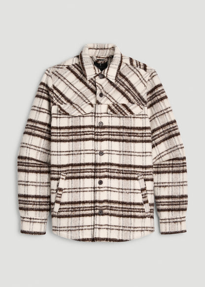 Brushed Plaid Shirt Jacket for Tall Men in White Sand Plaid