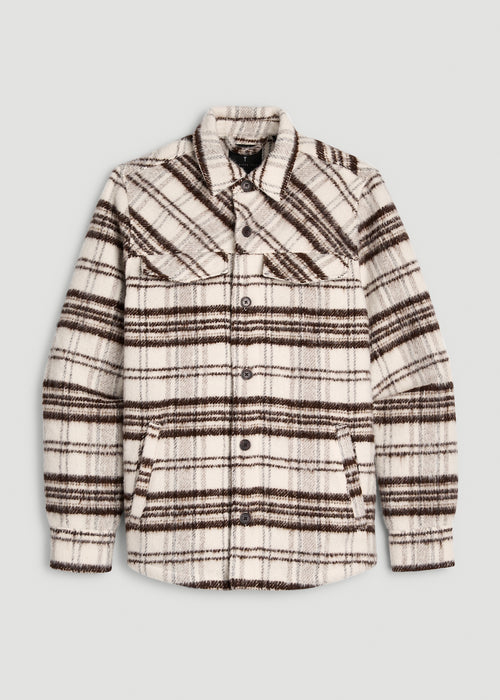 Brushed Plaid Shirt Jacket for Tall Men in White Sand Plaid
