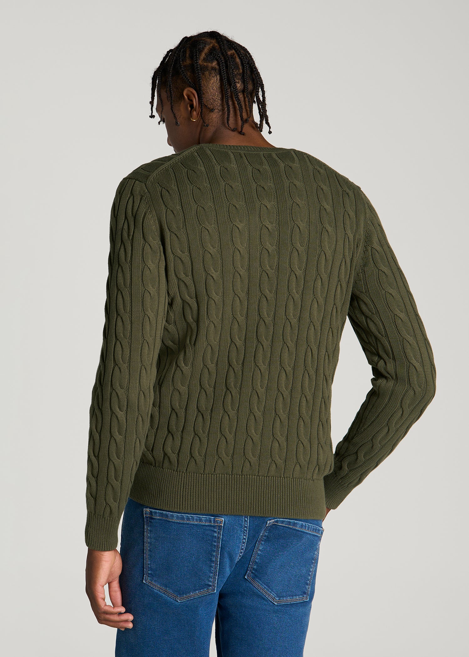 Cable Knit Crewneck for Tall Men in Forest Night