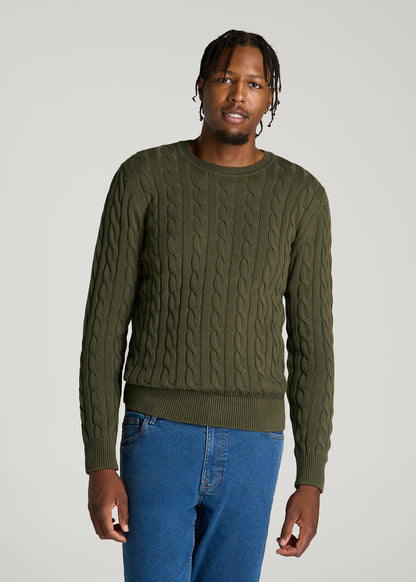 Cable Knit Crewneck for Tall Men in Forest Night