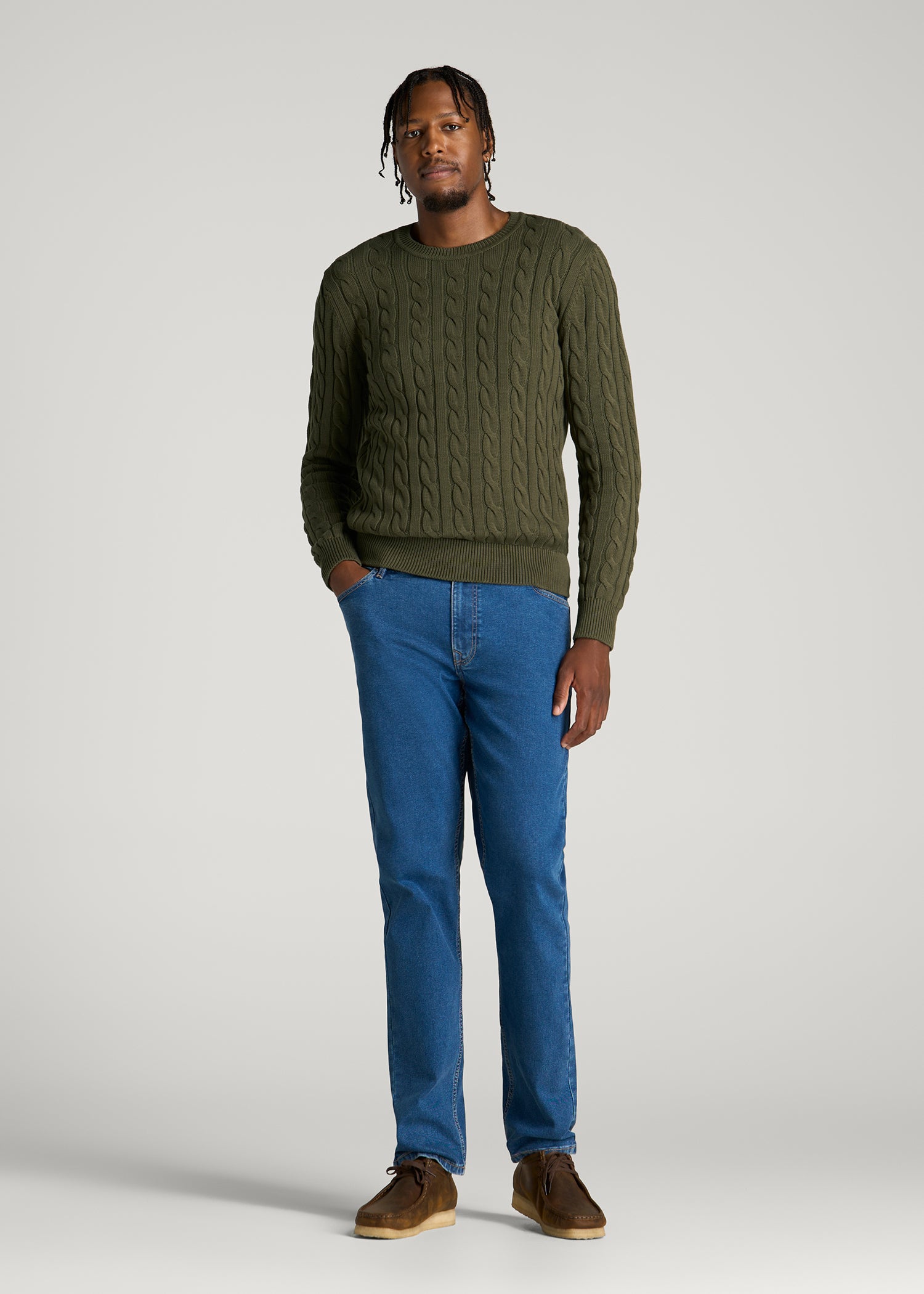 Cable Knit Crewneck for Tall Men in Forest Night