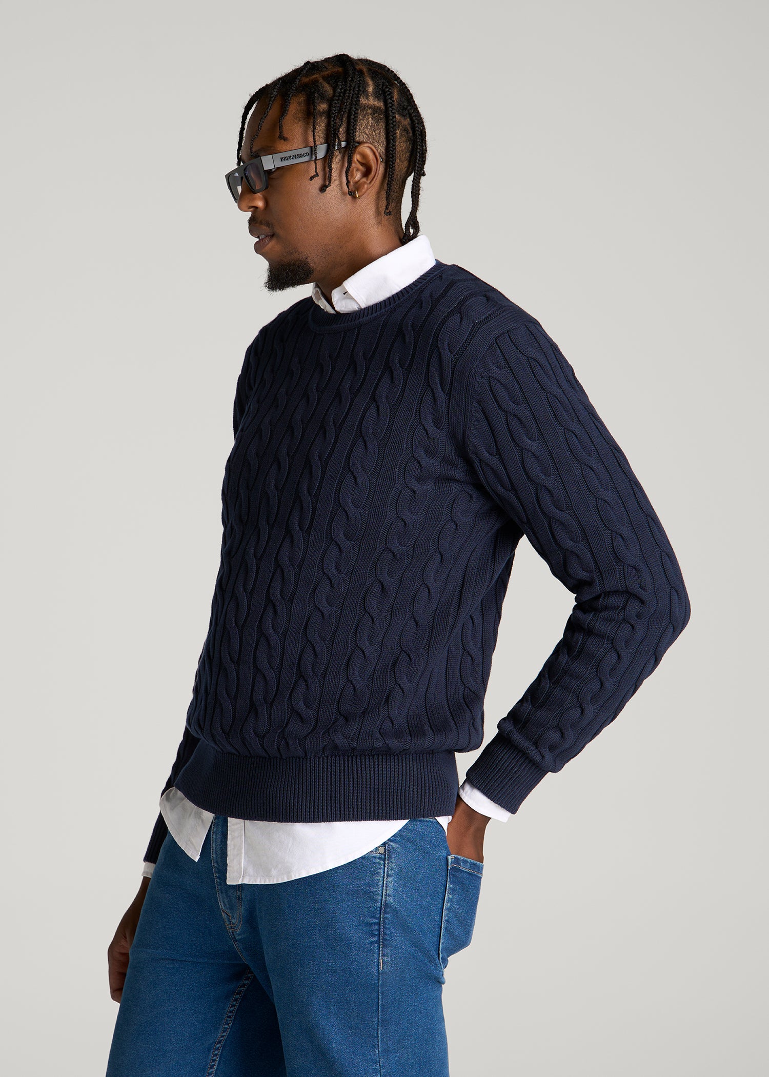 Cable Knit Crewneck for Tall Men in Royal Navy