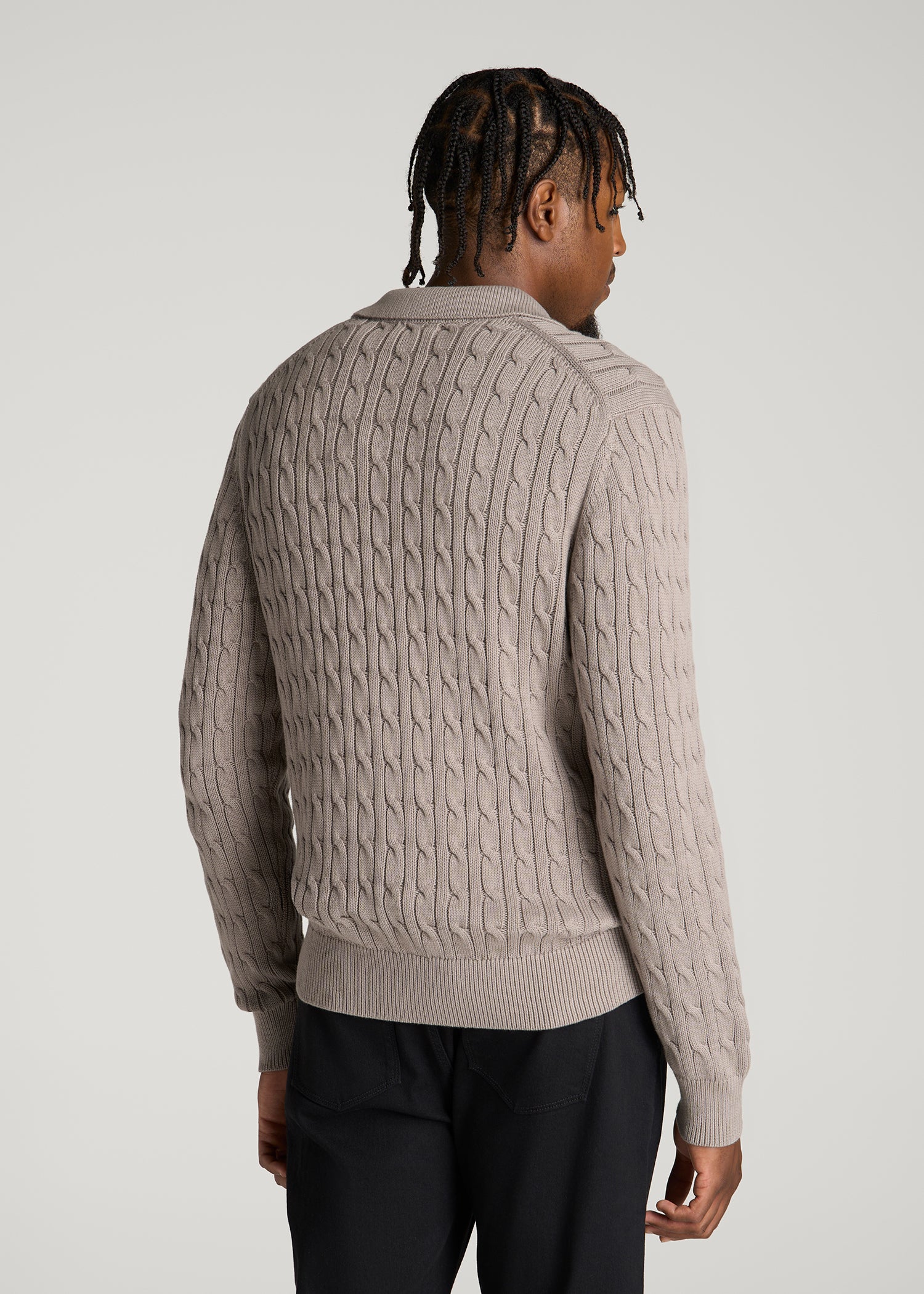 Cable Knit Polo Sweater for Tall Men in Moon Rock