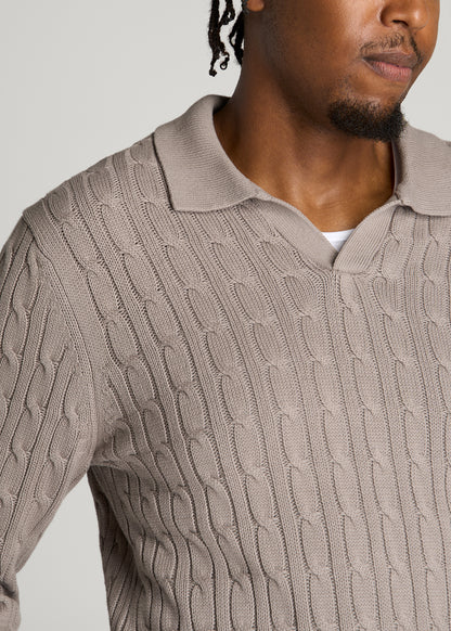 Cable Knit Polo Sweater for Tall Men in Moon Rock
