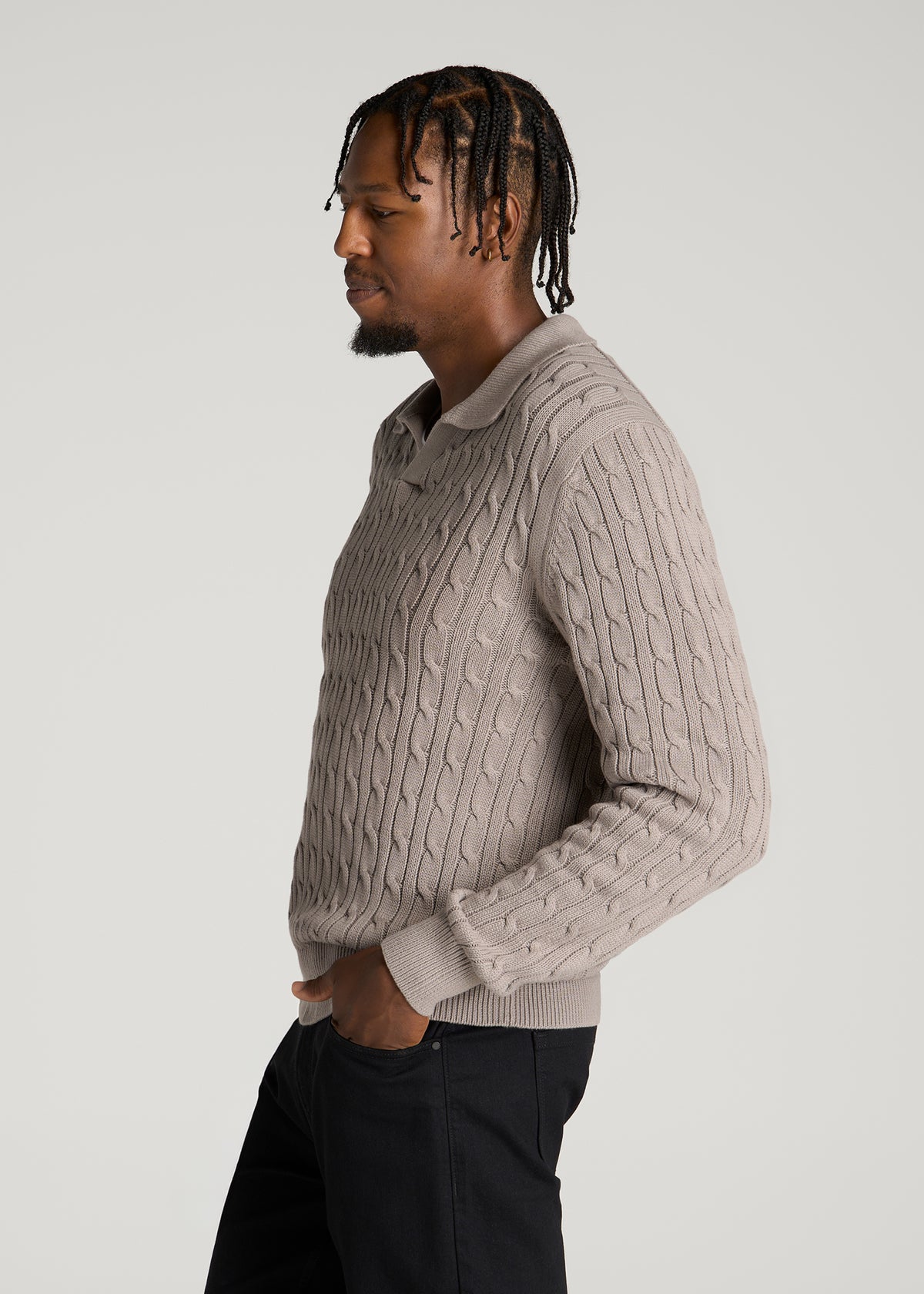 Cable Knit Polo Sweater for Tall Men in Moon Rock