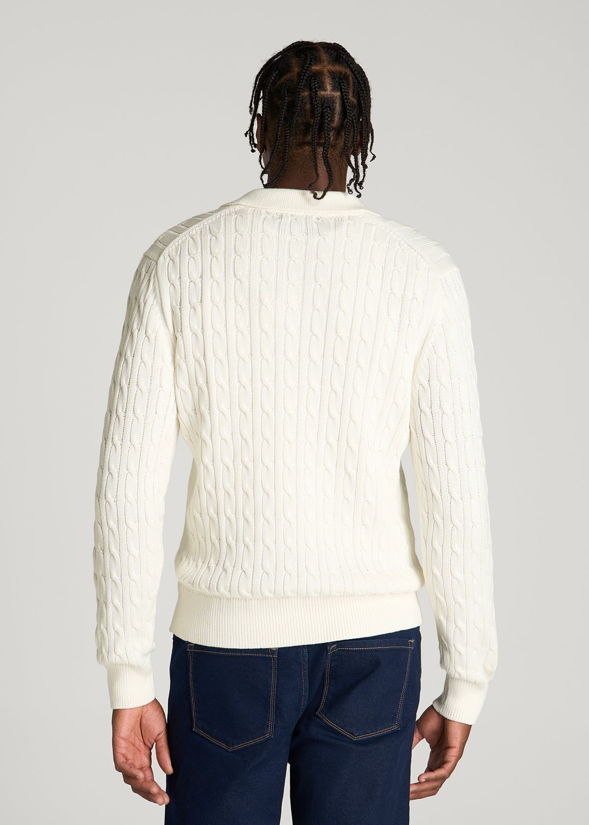 Cable Knit Polo Sweater for Tall Men in Star White