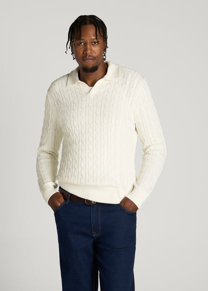 Cable Knit Polo Sweater for Tall Men in Star White