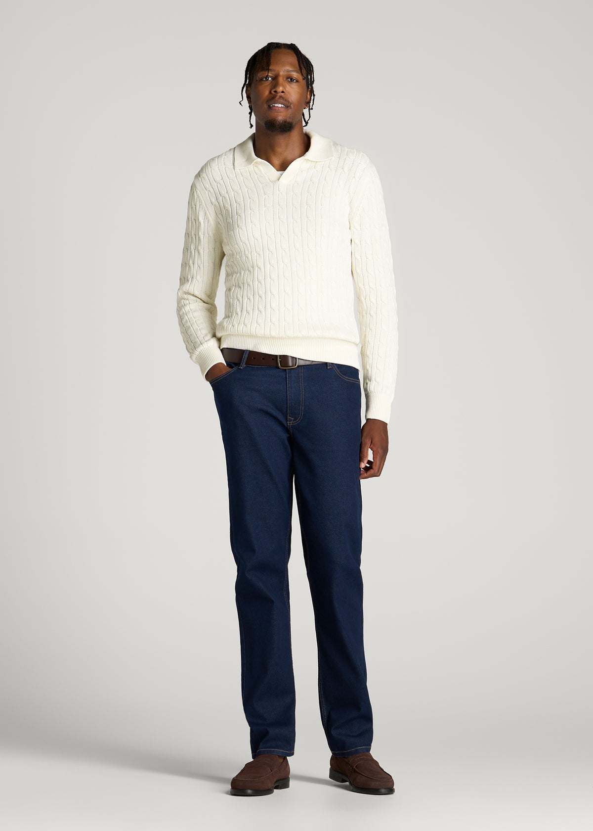 Cable Knit Polo Sweater for Tall Men in Star White