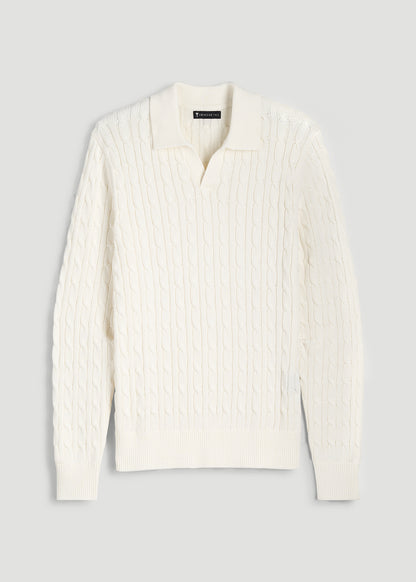 Cable Knit Polo Sweater for Tall Men in Star White