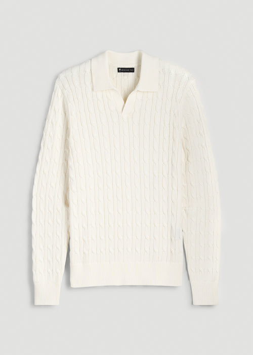 Cable Knit Polo Sweater for Tall Men in Star White