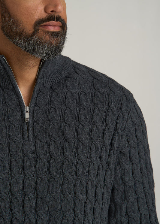 Cable Knit Half Zip Sweater for Tall Men in Charcoal Mix