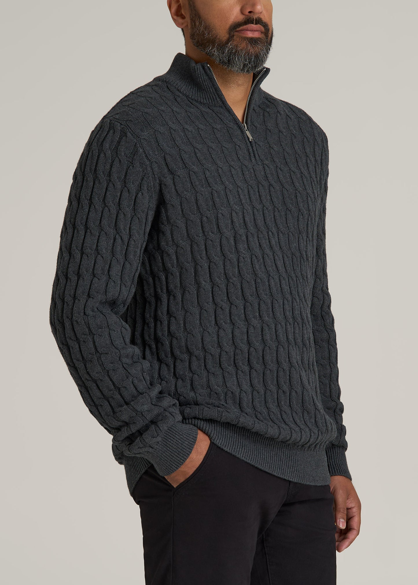 Cable Knit Half Zip Sweater for Tall Men in Charcoal Mix